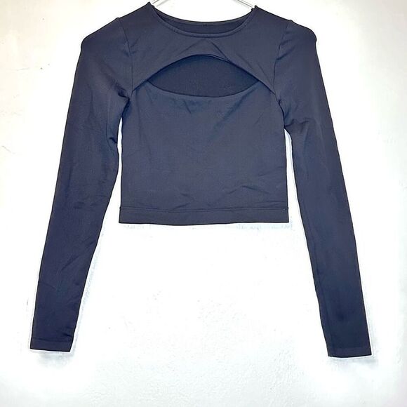 Garage Long Sleeve Crew Neck Fitted Cut Out Seamless Black Cropped Top Size XS - Picture 1 of 3